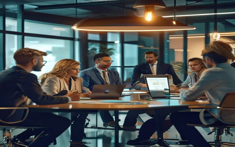 Health experts and content strategists collaborating around a conference table