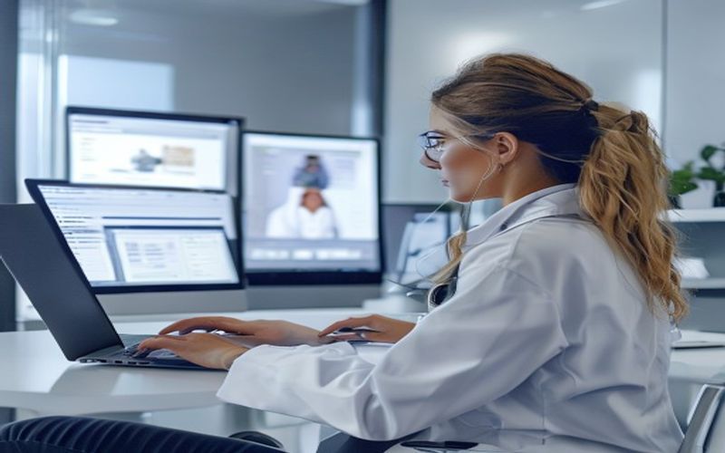 Clinician engaging with an interactive online training module on a laptop