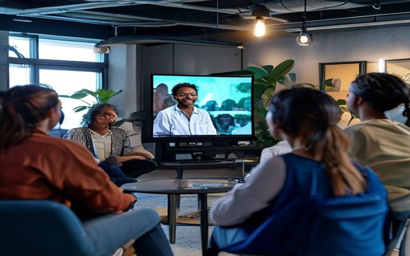 Community members and researcher viewing an interview-driven video together